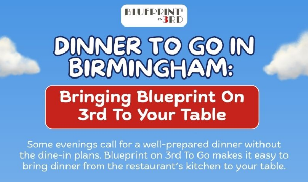 Blueprint on 3rd dinner to go infographic showing convenient takeout options for enjoying a restaurant meal at home in Birmingham.